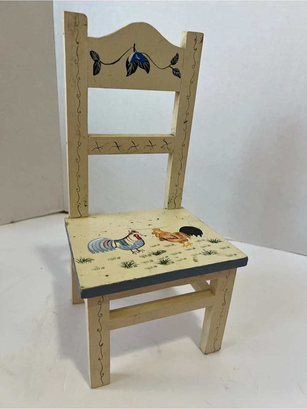 Handpainted Wooden Doll chair Rooster Rolk Art Miniature Farmhouse Decor 12
